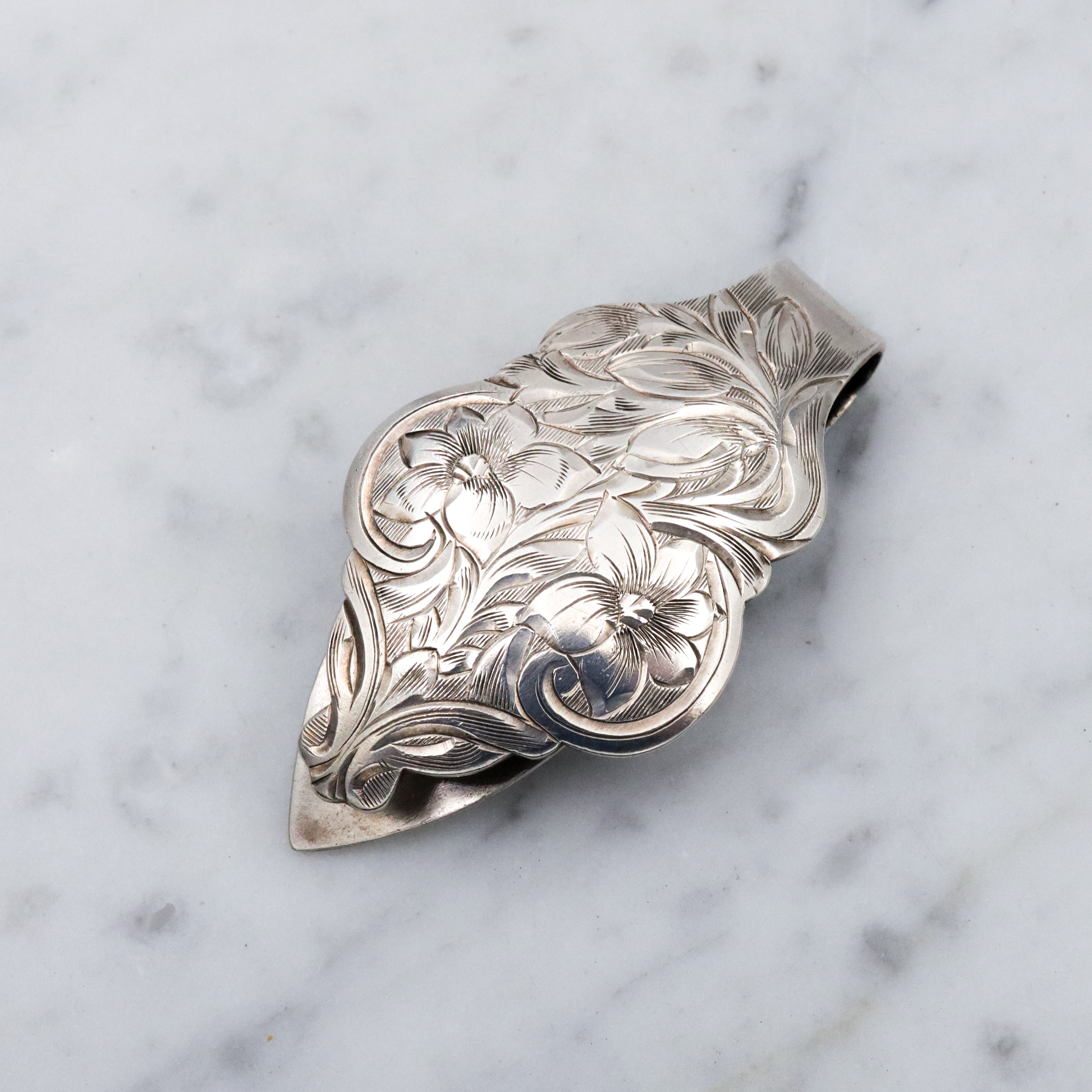 Mid Century floral engraved sterling money clip or bookmark